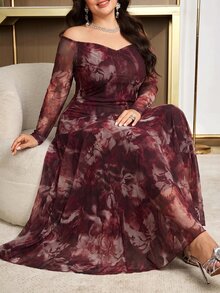 Modelyn Plus Size Women Floral Print Off-Shoulder Long Sleeve Elegant Dress - Burgundy - View 5