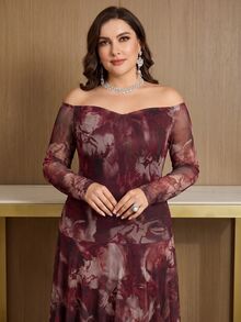 Modelyn Plus Size Women Floral Print Off-Shoulder Long Sleeve Elegant Dress - Burgundy - View 6