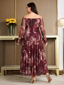 Modelyn Plus Size Women Floral Print Off-Shoulder Long Sleeve Elegant Dress - Burgundy - View 2