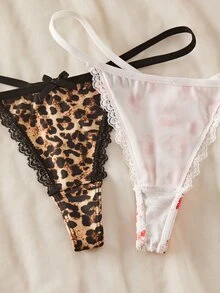 SHEIN 12件組女款蕾絲拼接花卉印花丁字褲內褲套裝 - 彩色 - 查看 4