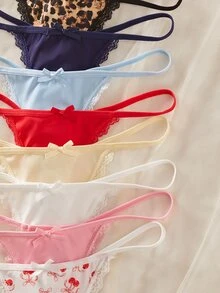 SHEIN 12件組女款蕾絲拼接花卉印花丁字褲內褲套裝 - 彩色 - 查看 5