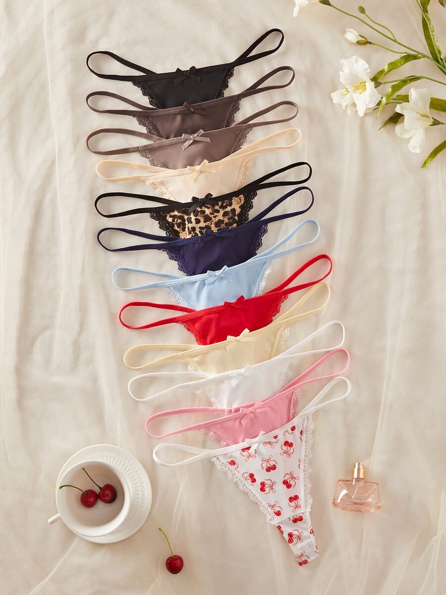 SHEIN 12件組女款蕾絲拼接花卉印花丁字褲內褲套裝 - 彩色 - 查看 1