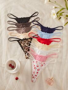SHEIN 12件組女款蕾絲拼接花卉印花丁字褲內褲套裝 - 彩色 - 查看 6