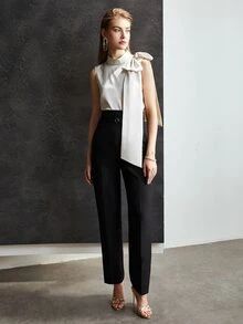 MOTF Petite AUTUMN/WINTER HIGH WAIST BELTED SUIT PANTS ,PETITE WOMEN - Black - View 8