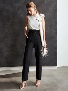 MOTF Petite AUTUMN/WINTER HIGH WAIST BELTED SUIT PANTS ,PETITE WOMEN - Black - View 7