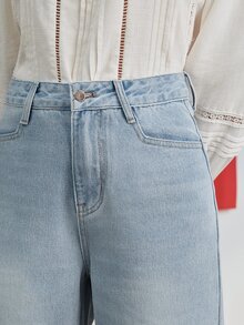 MOTF Petite WOMEN LIGHT BLUE WASHED RAW EDGE STRAIGHT LEG JEANS ,PETITE WOMEN - Light Wash - View 2