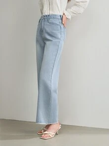 MOTF Petite WOMEN LIGHT BLUE WASHED RAW EDGE STRAIGHT LEG JEANS ,PETITE WOMEN - Light Wash - View 6