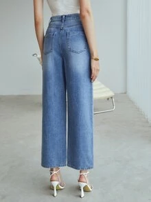MOTF Petite WOMEN OVERLAY WAIST LIGHT BLUE WASHED STRAIGHT LEG CROP JEANS ,PETITE WOMEN - Medium Wash - View 2