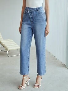 MOTF Petite WOMEN OVERLAY WAIST LIGHT BLUE WASHED STRAIGHT LEG CROP JEANS ,PETITE WOMEN - Medium Wash - View 6