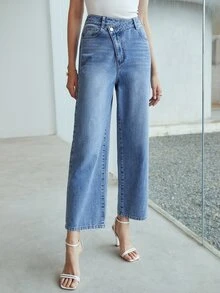 MOTF Petite WOMEN OVERLAY WAIST LIGHT BLUE WASHED STRAIGHT LEG CROP JEANS ,PETITE WOMEN - Medium Wash - View 8
