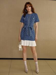 MOTF Petite WOMEN'S SUMMER COLORBLOCK PATCHWORK PLEATED WAIST BELTED DENIM DRESS ,PETITE WOMEN - Blue - View 7