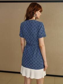 MOTF Petite WOMEN'S SUMMER COLORBLOCK PATCHWORK PLEATED WAIST BELTED DENIM DRESS ,PETITE WOMEN - Blue - View 3