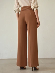 MOTF Petite MINIMALIST ELEGANT PLEATED HIGH WAIST LONG PANTS AUTUMN/WINTER ,PETITE WOMEN - Rust Brown - View 3