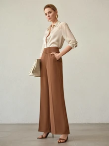 MOTF Petite MINIMALIST ELEGANT PLEATED HIGH WAIST LONG PANTS AUTUMN/WINTER ,PETITE WOMEN - Rust Brown - View 2