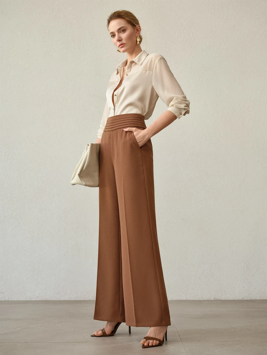 MOTF Petite MINIMALIST ELEGANT PLEATED HIGH WAIST LONG PANTS AUTUMN/WINTER ,PETITE WOMEN - Rust Brown - View 2