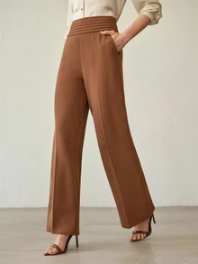 MOTF Petite MINIMALIST ELEGANT PLEATED HIGH WAIST LONG PANTS AUTUMN/WINTER ,PETITE WOMEN - Rust Brown - View 4