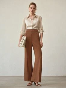 MOTF Petite MINIMALIST ELEGANT PLEATED HIGH WAIST LONG PANTS AUTUMN/WINTER ,PETITE WOMEN - Rust Brown - View 5
