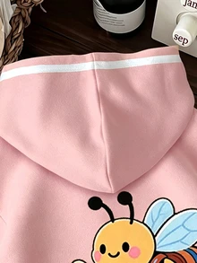 少女休閒極簡可愛蜜蜂圖案，甜美奶油風，淡粉色，厚實柔軟舒適連帽衛衣，適合秋冬 Y2K，舒適秋冬風格，復古，卡哇伊 - 彩色 - 查看 3