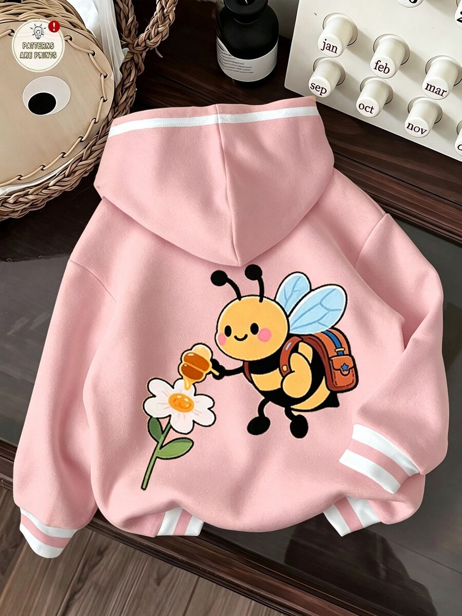 少女休閒極簡可愛蜜蜂圖案,甜美奶油風,淡粉色,厚實柔軟舒適連帽衛衣,適合秋冬 Y2K,舒適秋冬風格,復古,卡哇伊 - 彩色 - 查看 1