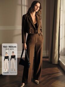 MOTF Petite WOMEN SOLID PEAK COLLAR DOUBLE BREASTED PLACKET CROP BLAZER ,PETITE WOMEN - Coffee Brown - View 1
