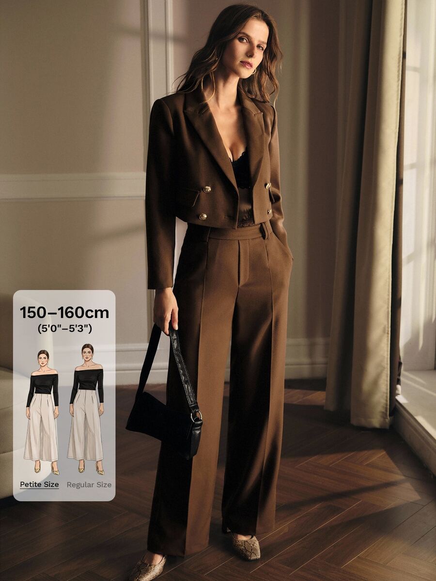 MOTF Petite WOMEN SOLID PEAK COLLAR DOUBLE BREASTED PLACKET CROP BLAZER ,PETITE WOMEN - Coffee Brown - View 1