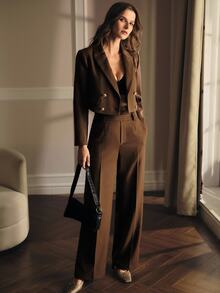 MOTF Petite WOMEN SOLID PEAK COLLAR DOUBLE BREASTED PLACKET CROP BLAZER ,PETITE WOMEN - Coffee Brown - View 7