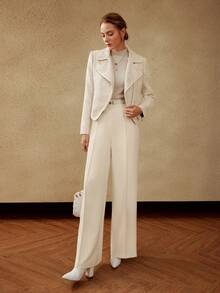 MOTF Petite AUTUMN/WINTER LOOSE WIDE LEG SUIT PANTS WITH METAL WAIST DECORATION ,PETITE WOMEN - Beige - View 3