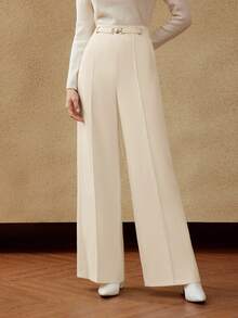 MOTF Petite AUTUMN/WINTER LOOSE WIDE LEG SUIT PANTS WITH METAL WAIST DECORATION ,PETITE WOMEN - Beige - View 8