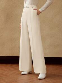MOTF Petite AUTUMN/WINTER LOOSE WIDE LEG SUIT PANTS WITH METAL WAIST DECORATION ,PETITE WOMEN - Beige - View 6
