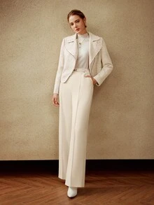 MOTF Petite AUTUMN/WINTER LOOSE WIDE LEG SUIT PANTS WITH METAL WAIST DECORATION ,PETITE WOMEN - Beige - View 4