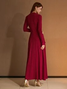 MOTF Petite GAUN PANJANG JACQUARD RAJUT ELASTIS UNTUK WANITA MUSIM GUGUR/DINGIN, UKURAN KECIL - Merah - View 3