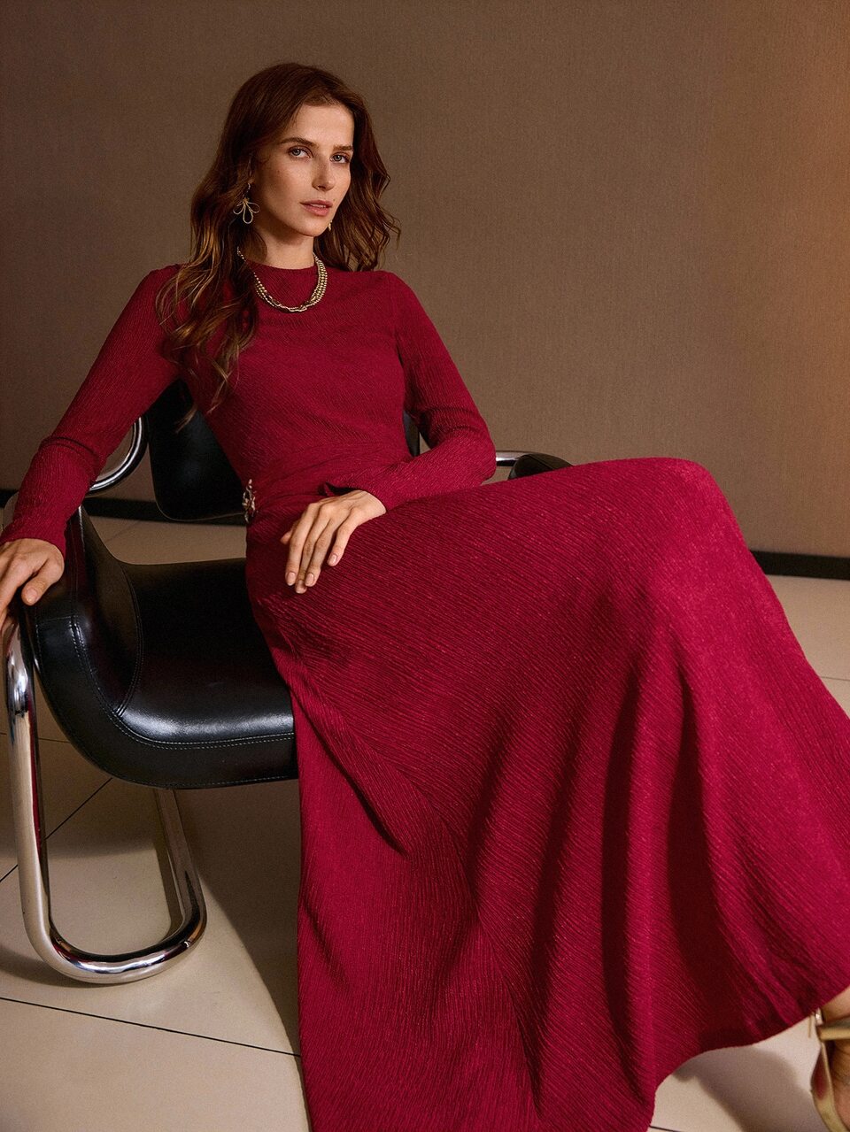 MOTF WOMEN'S AUTUMN/WINTER ELASTIC KNIT JACQUARD LONG DRESS FOR PETITE