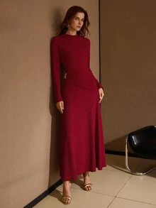 MOTF Petite GAUN PANJANG JACQUARD RAJUT ELASTIS UNTUK WANITA MUSIM GUGUR/DINGIN, UKURAN KECIL - Merah - View 6