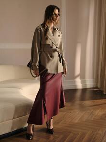 MOTF Petite WOMEN SOLID DOUBLE BREASTED PLACKET BELTED TRENCH COAT ,PETITE WOMEN - Khaki - View 4