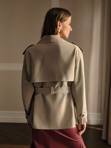 MOTF Petite WOMEN SOLID DOUBLE BREASTED PLACKET BELTED TRENCH COAT ,PETITE WOMEN - Khaki - View 5