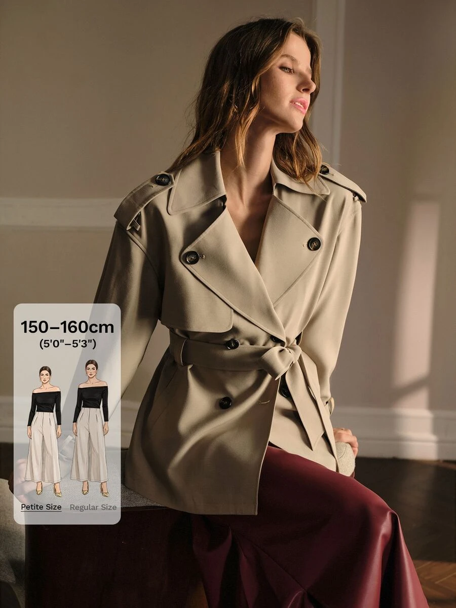 MOTF Petite WOMEN SOLID DOUBLE BREASTED PLACKET BELTED TRENCH COAT ,PETITE WOMEN - Khaki - View 1