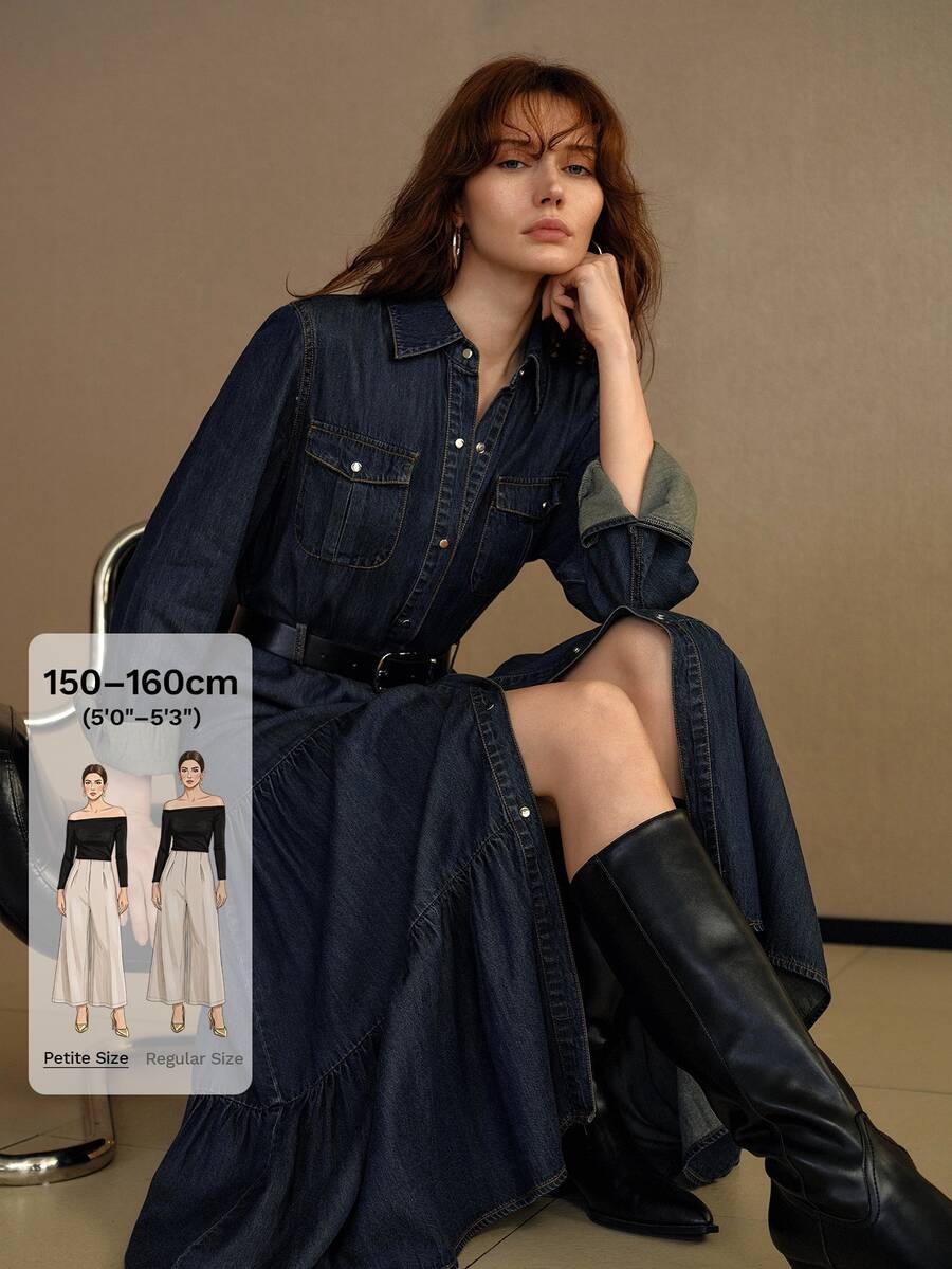 MOTF Petite WOMEN'S TENCEL BLEND SHIRT STYLE DENIM DRESS - Blue - View 1