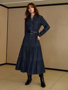 MOTF Petite WOMEN'S TENCEL BLEND SHIRT STYLE DENIM DRESS - Blue - View 3
