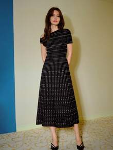 MOTF Petite WOMEN'S ASYMMETRICAL SHOULDER POLKA DOT PATTERN SWEATER DRESS ,PETITE WOMEN - Black - View 4