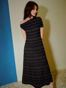 MOTF Petite WOMEN'S ASYMMETRICAL SHOULDER POLKA DOT PATTERN SWEATER DRESS ,PETITE WOMEN - Black - View 2