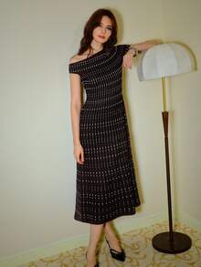 MOTF Petite WOMEN'S ASYMMETRICAL SHOULDER POLKA DOT PATTERN SWEATER DRESS ,PETITE WOMEN - Black - View 6