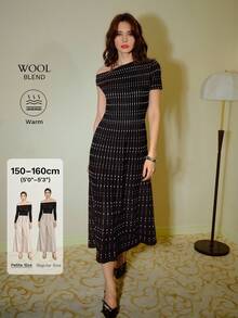 MOTF Petite WOMEN'S ASYMMETRICAL SHOULDER POLKA DOT PATTERN SWEATER DRESS ,PETITE WOMEN - Black - View 1