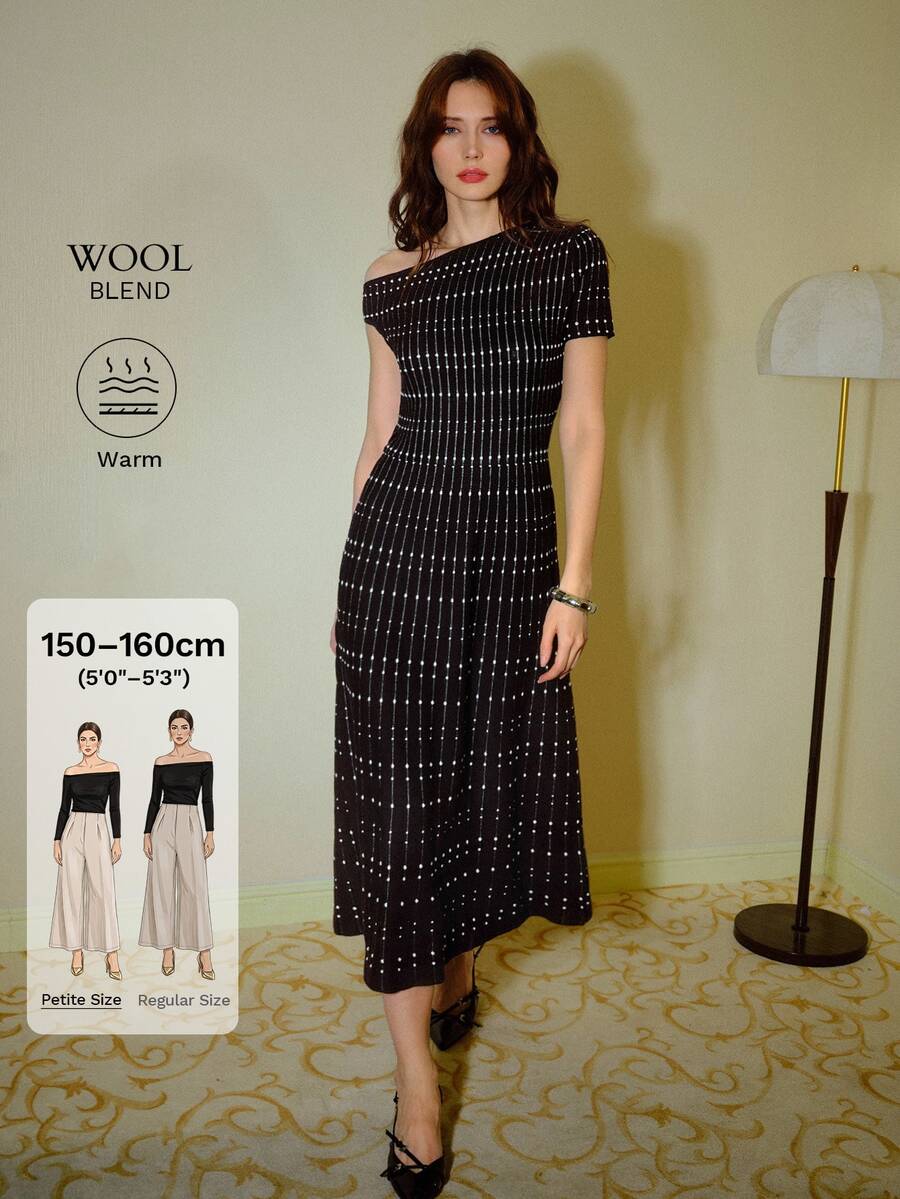 MOTF Petite WOMEN'S ASYMMETRICAL SHOULDER POLKA DOT PATTERN SWEATER DRESS ,PETITE WOMEN - Black - View 1