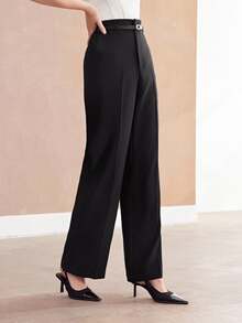 MOTF Petite ELEGANT HIGH-WAIST PU BELT DECOR WIDE LEG ,PETITE WOMEN - Black - View 5