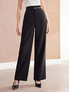 MOTF Petite ELEGANT HIGH-WAIST PU BELT DECOR WIDE LEG ,PETITE WOMEN - Black - View 3