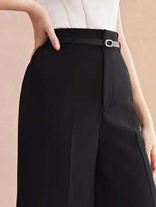 MOTF Petite ELEGANT HIGH-WAIST PU BELT DECOR WIDE LEG ,PETITE WOMEN - Black - View 2