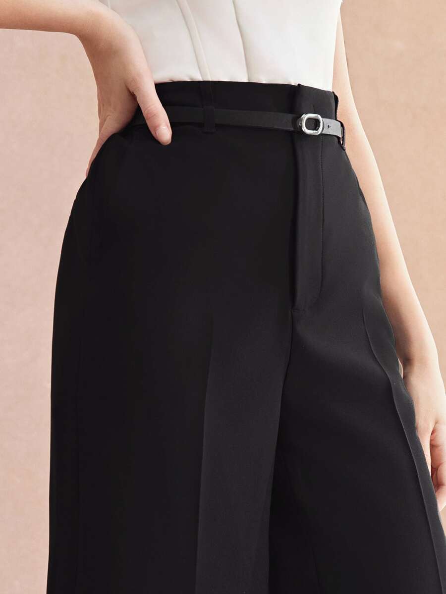 MOTF Petite ELEGANT HIGH-WAIST PU BELT DECOR WIDE LEG ,PETITE WOMEN - Black - View 2