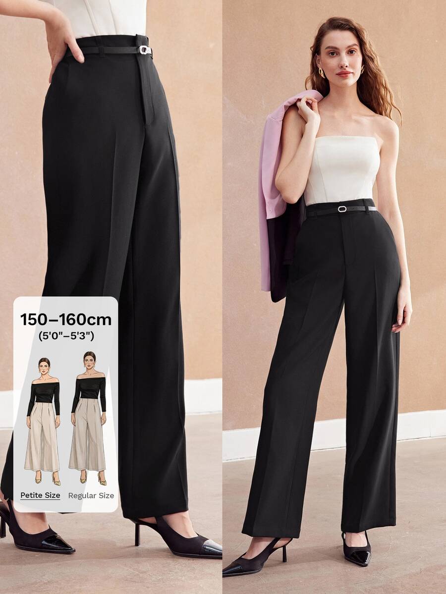 MOTF Petite ELEGANT HIGH-WAIST PU BELT DECOR WIDE LEG ,PETITE WOMEN - Black - View 1