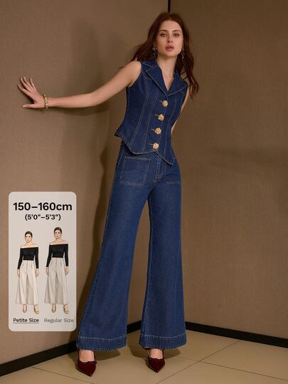 MOTF Petite WOMEN'S SPRING/SUMMER METAL BUTTON DENIM VEST AND JEANS 2 PIECES SET