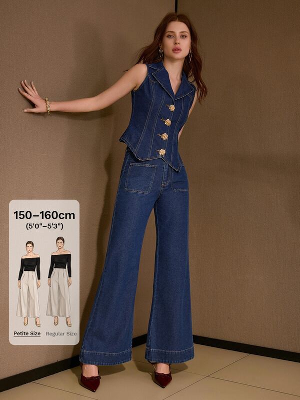MOTF Petite WOMEN'S SPRING/SUMMER METAL BUTTON DENIM VEST AND JEANS 2 PIECES SET
